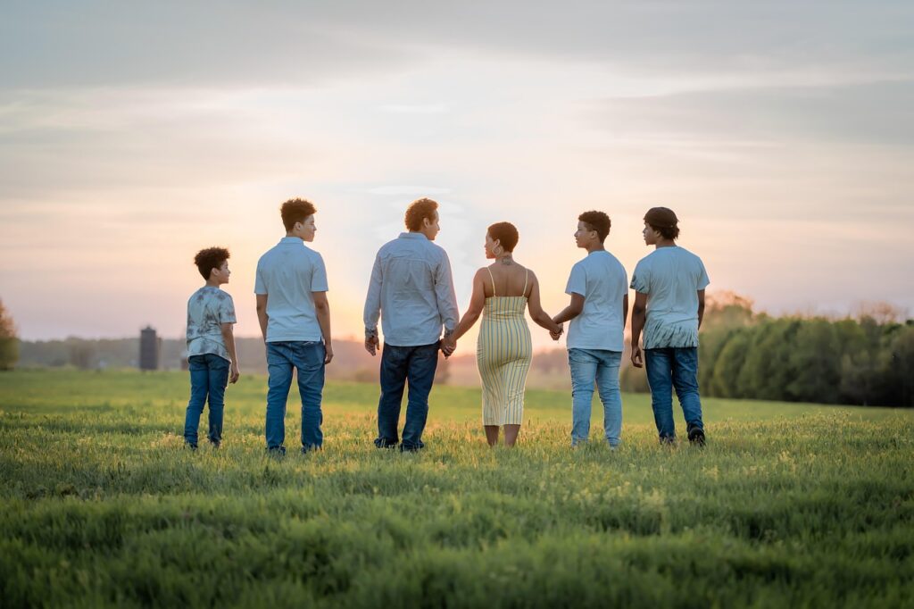 family, sunset, field, nature, portrait, people, poc, bipoc